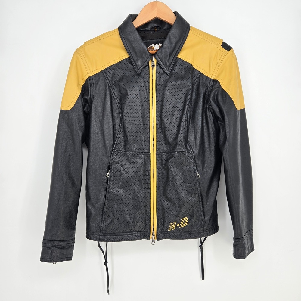 Vintage Y2K Harley-Davidson Leather Motorcycle Jacket Black Yellow Womens L